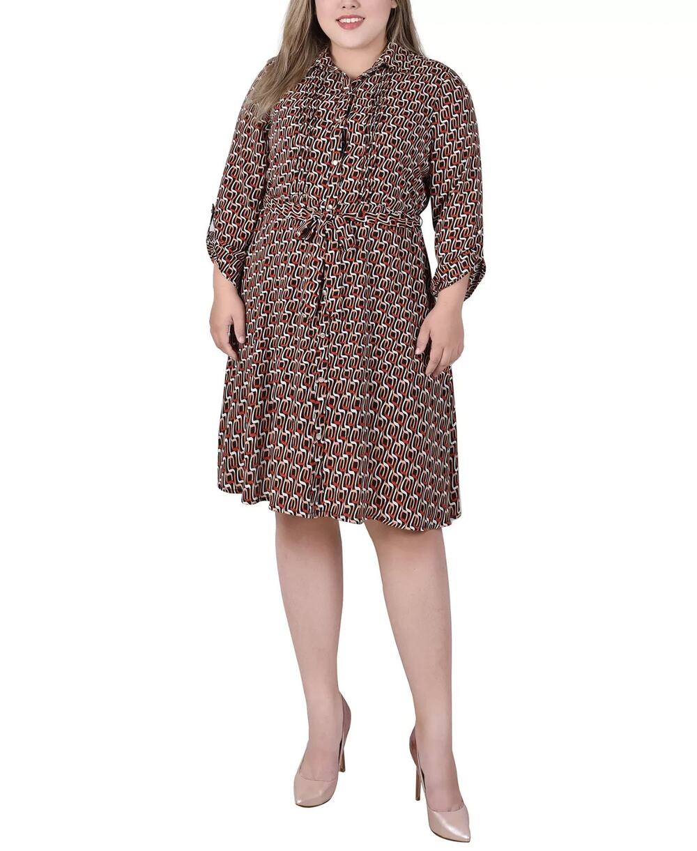NY Collection Plus Size Long Roll Tab Sleeve Dobby Dress Multi Size 2X 3246